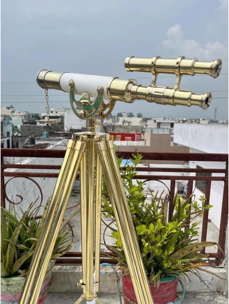 18" Brass Telescope Nautical Floor Standing with Wooden Tripod Stand, Brass and White Finish