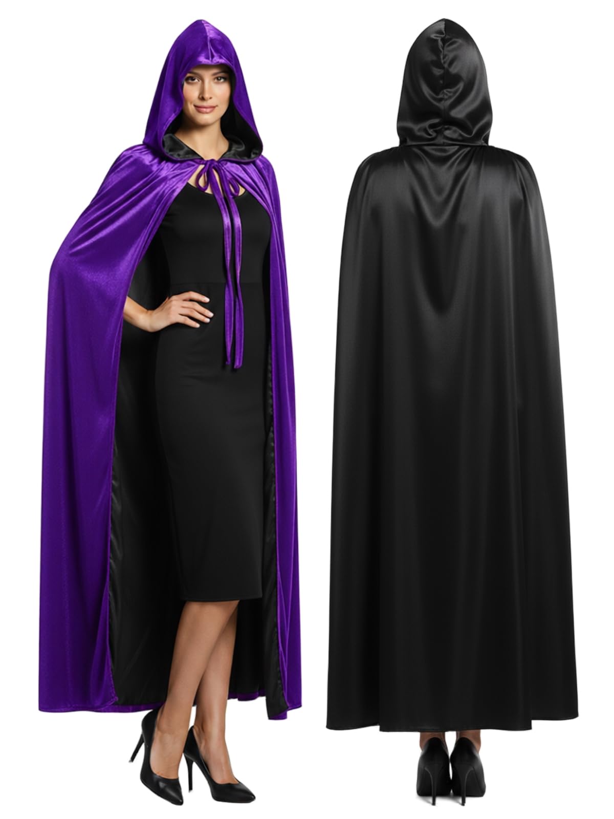 Hotfiary Reversible Black & Purple Cape for Adult Double Sided Velvet & Satin Hooded Cloak