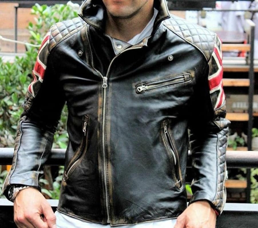 Mens Vintage Cafe Racer UK Flag Quilted Biker Leather Jacket | Motorcycle Jacket for Men