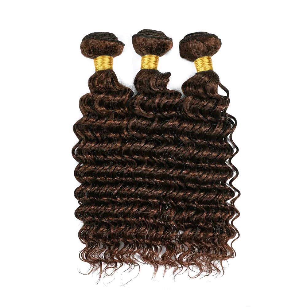 Deep Wave Human Hair Bundles Color #4 Chocolate Brown 16 18 20 Inch 3 Bundles Human Hair Deep Weave Unprocessed Virgin Hair Extensions 50 Gram Per Bundle