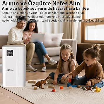 EZERE FullClean Pro Hava Temizleme Cihazı 350 CADR, LED ekran, iyon ve sessiz çalışma ile toz, duman, poleni%99.9 filtreler. Temiz hava, BEYAZ