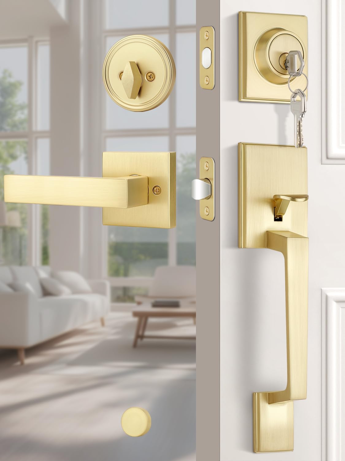 1 Pack Gold Front Door Lock Set, Exterior Door Handle with Single Cylinder Deadbolt, Front Door Handle with Square Door Lever, Reversible for Left/Right Doors