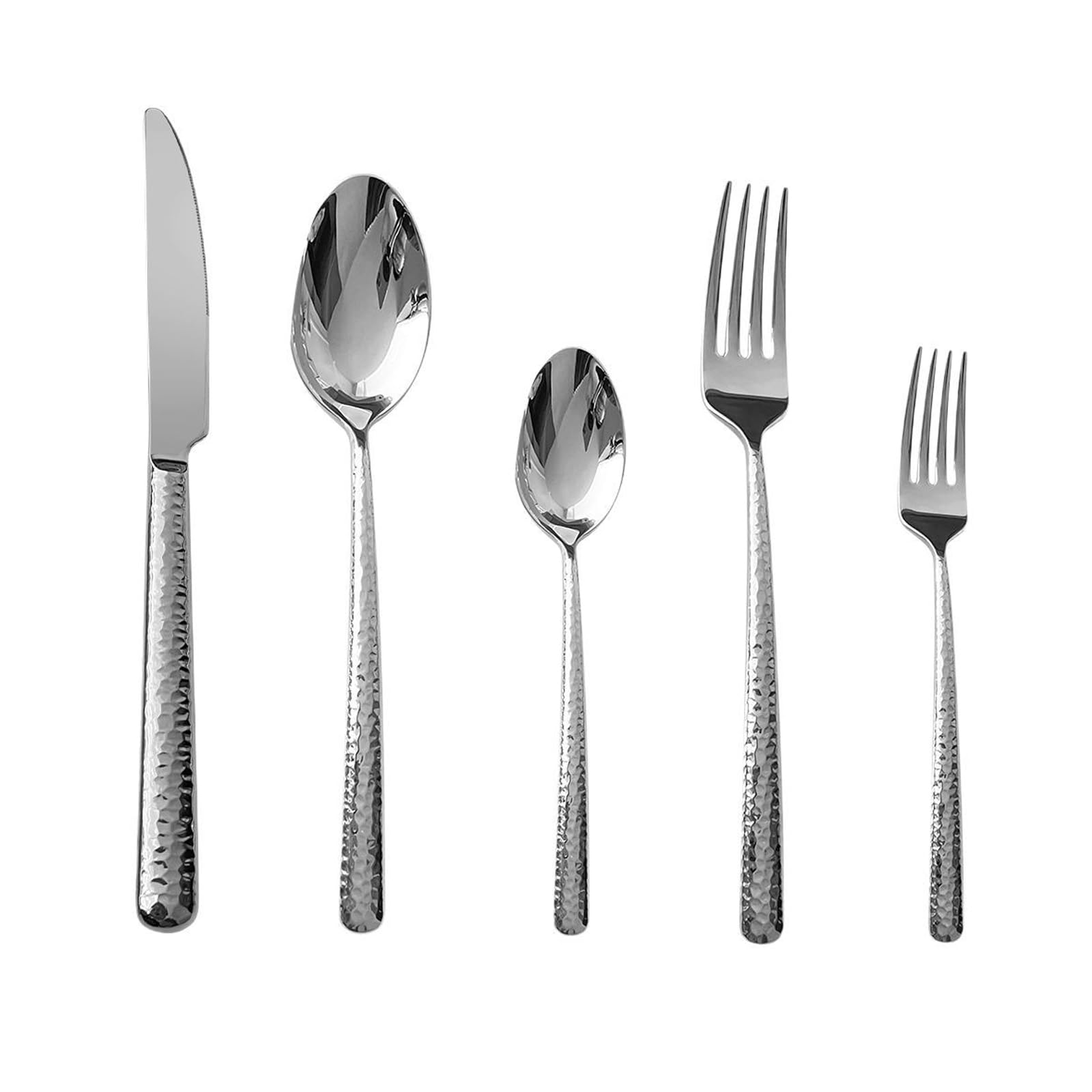 Set de Cubiertos de Acero Inoxidable Martillado de 5 Piezas - Vajilla Individual con Cuchillo, Tenedor y Cucharas - Utensilios Plateados Pulidos para Comer en Casa, Esenciales de Cocina