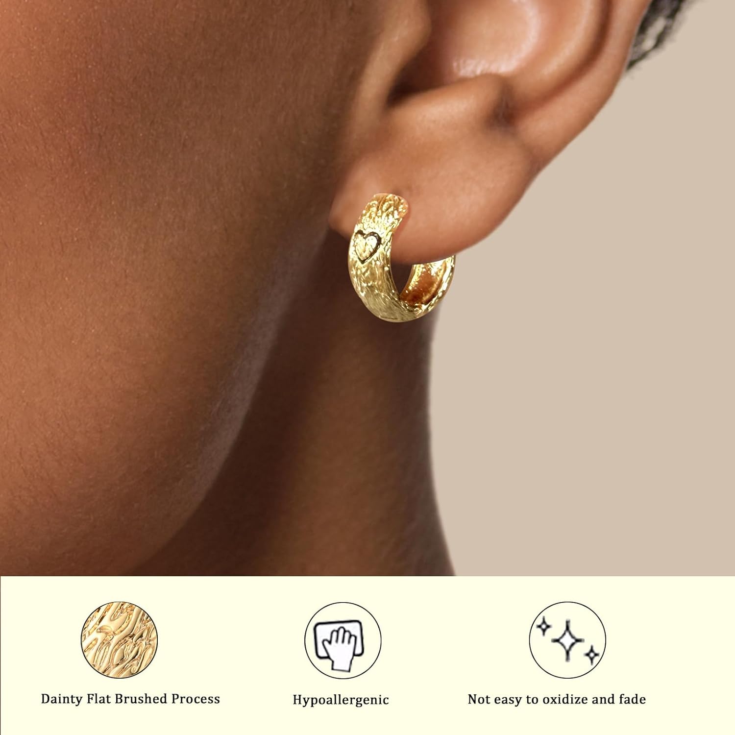 Gold Huggie Hoop Earrings for Women, Hammered Brushed Designed with Heart Small Thick Hoop Earrings for Love - Image 3