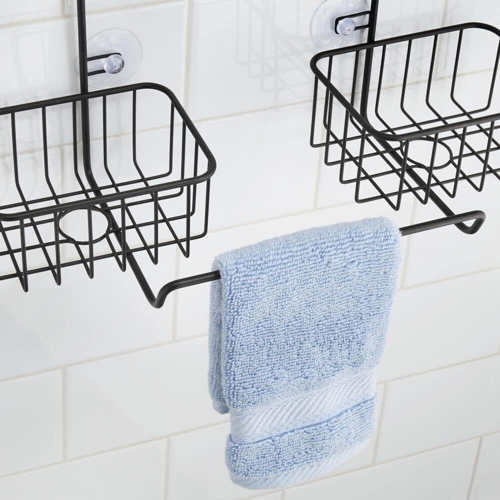 mDesign Metal Hanging Bath and Shower Caddy Organizer for Hand Held Shower Head and Hose - Storage for Shampoo, Conditioner, Hand Soap - 4 Shelf Format - Matte Black