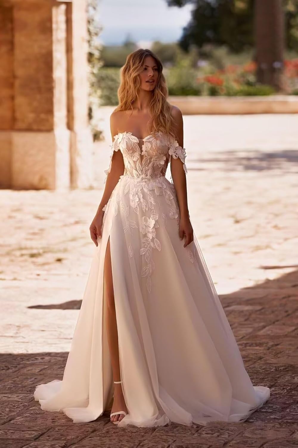 Damen Boho Beach Spitzenapplikationen Brautkleider Lang Braut Hochzeitskleider Prinzessin V-Ausschnitt Standesamt Brautkleid