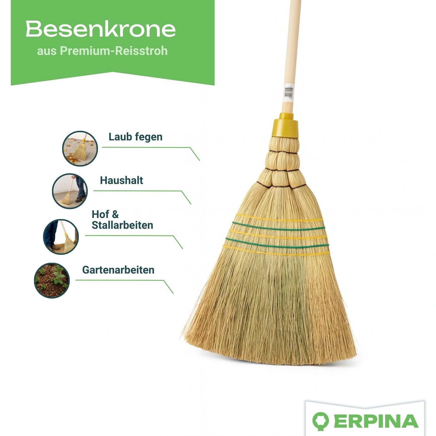 2er Pack Industrie Reisstrohbesen – 5-Naht mit Stiel 145cm Länge – robuster Werkstatt & Hofbesen aus Naturreisstroh – langlebig & vielseitig für Stall und Garten Profi Kehrbesen volle Qualität