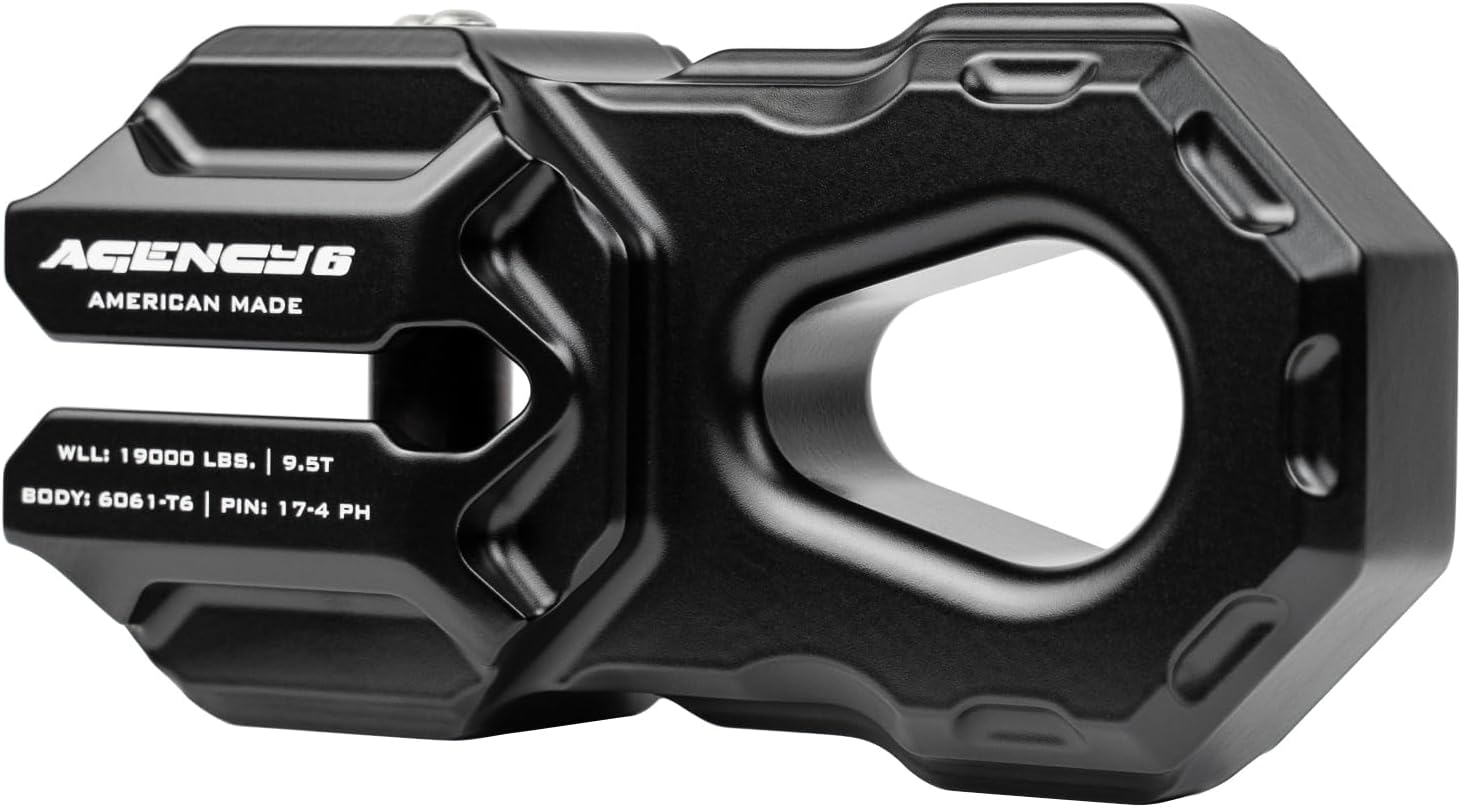 Agency 6 Billet Winch Shackle - Lightweight Aluminum Winch Attachment for Synthetic Line - 19,000 Pound Load Limit - Made in The USA with US Certified Materials - Black