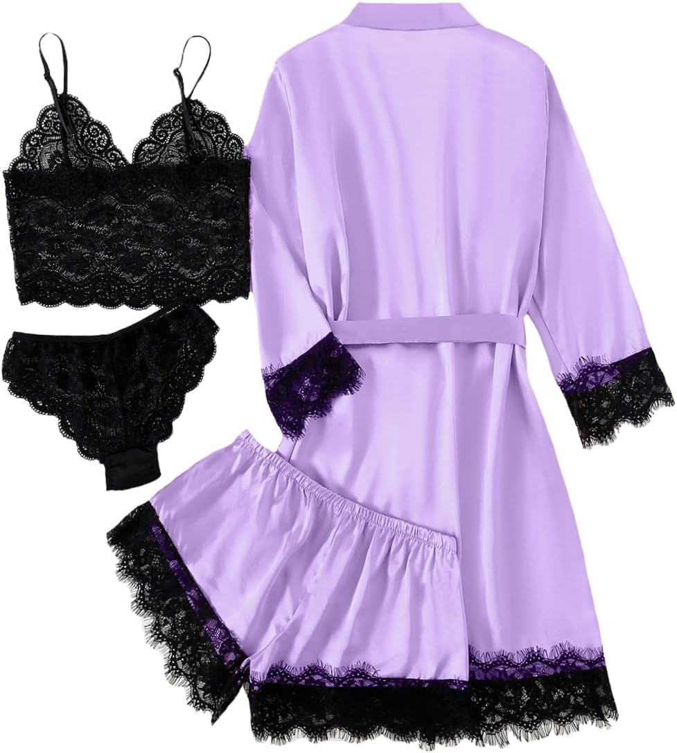LYANER Women's 4pcs Sleepwear Satin Floral Lace Trim Cami Pajama Set with Robe - Image 4