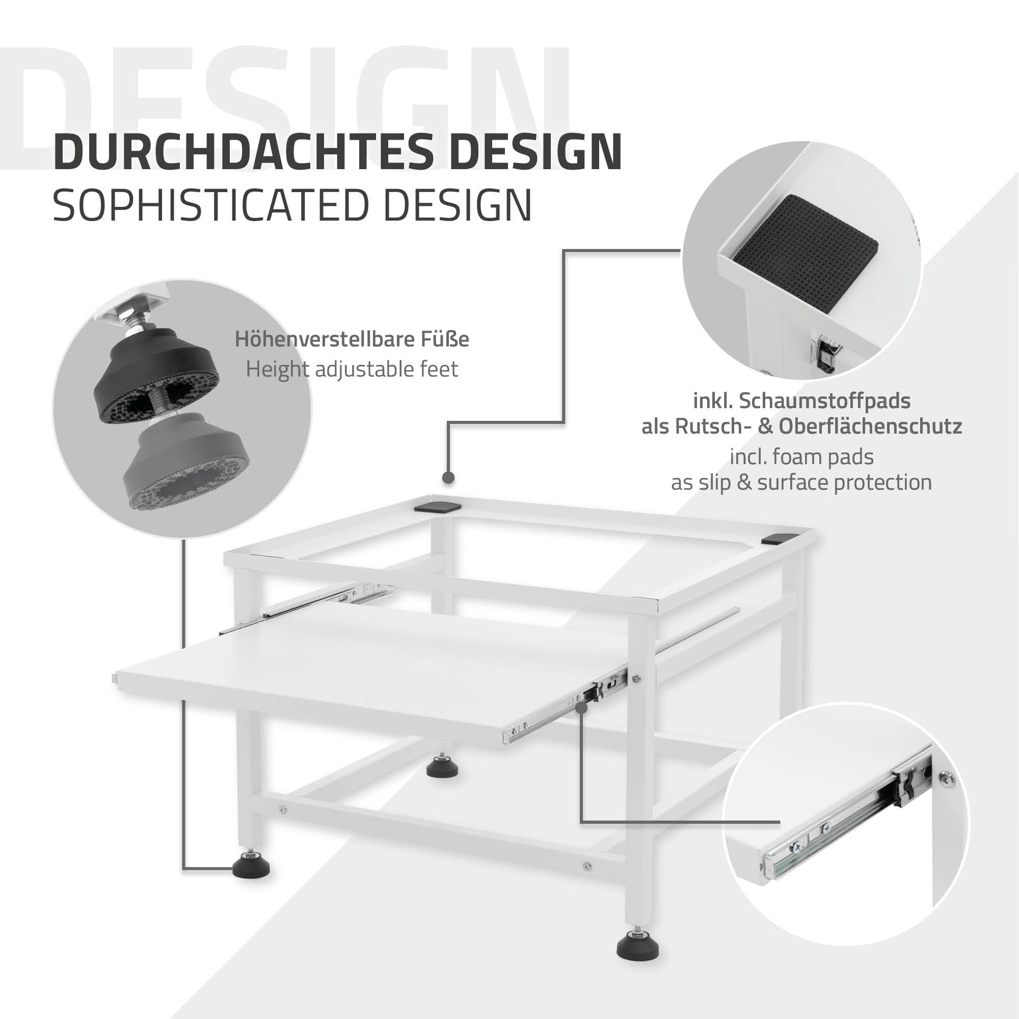 ML-Design Waschmaschinen-Untergestell mit ausziehbarer Ablage, Waschmaschinensockel aus Stahl, Trocknersockel Podest Unterschrank Erhöhung, bis 150 kg, höhenverstellbaren Füße, Weiß, 62,5x50,1x40,5 cm