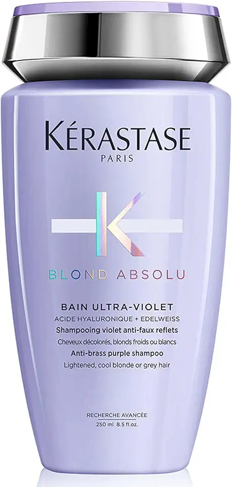 Kérastase Shampoo Blond Absolu Bain Ultra-Violet, Cabelos loiros, descoloridos, Hidratação, neutraliza os tons amarelados, Ácido Hialurônico, Flor de Edelweiss, 250 ml
