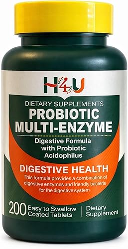 H4U Probiotic Multi-Enzyme Digestive Enzymes Formula with Acidophilus Tablets for Digestive Health & Gut Support, Dietary Supplement, 200 Count