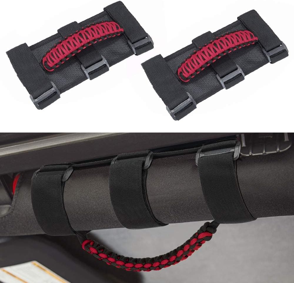 Braided Handle, Roof Armrest, Roll Bar Grab Handles, Inner Handle Modification Grab Handles Compatible with Wrangler Jeep Off-Road Vehicle, 3 Straps Design, Red(2 Pack)