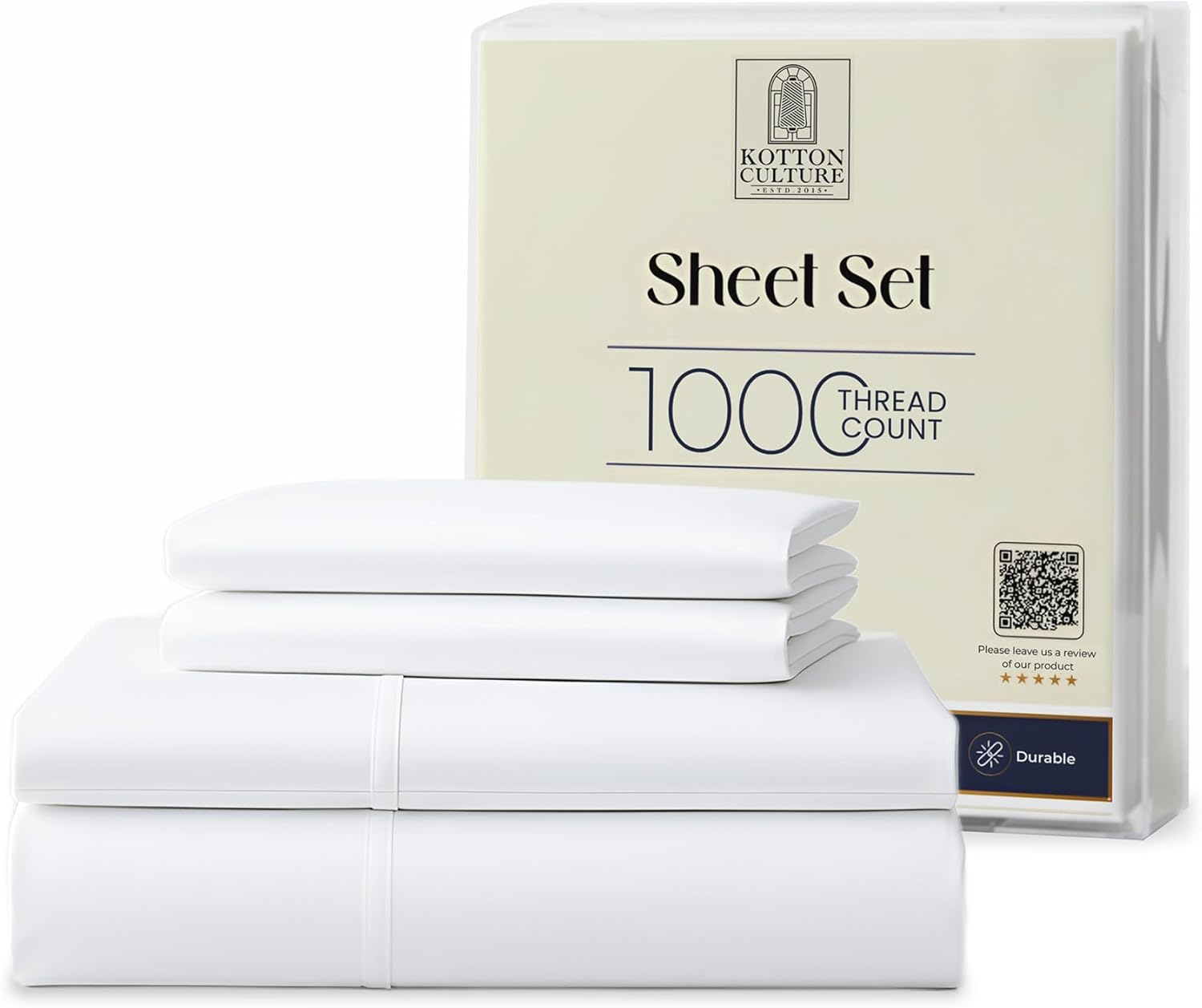 Kotton Culture 4 Pc Full Sheet Set - 1000 Thread Count 100% Egyptian Cotton Premium Hotel Luxury Bedding - Sateen Weave Soft Cooling Durable Bedsheet - 16" Deep Pocket Sheets - White