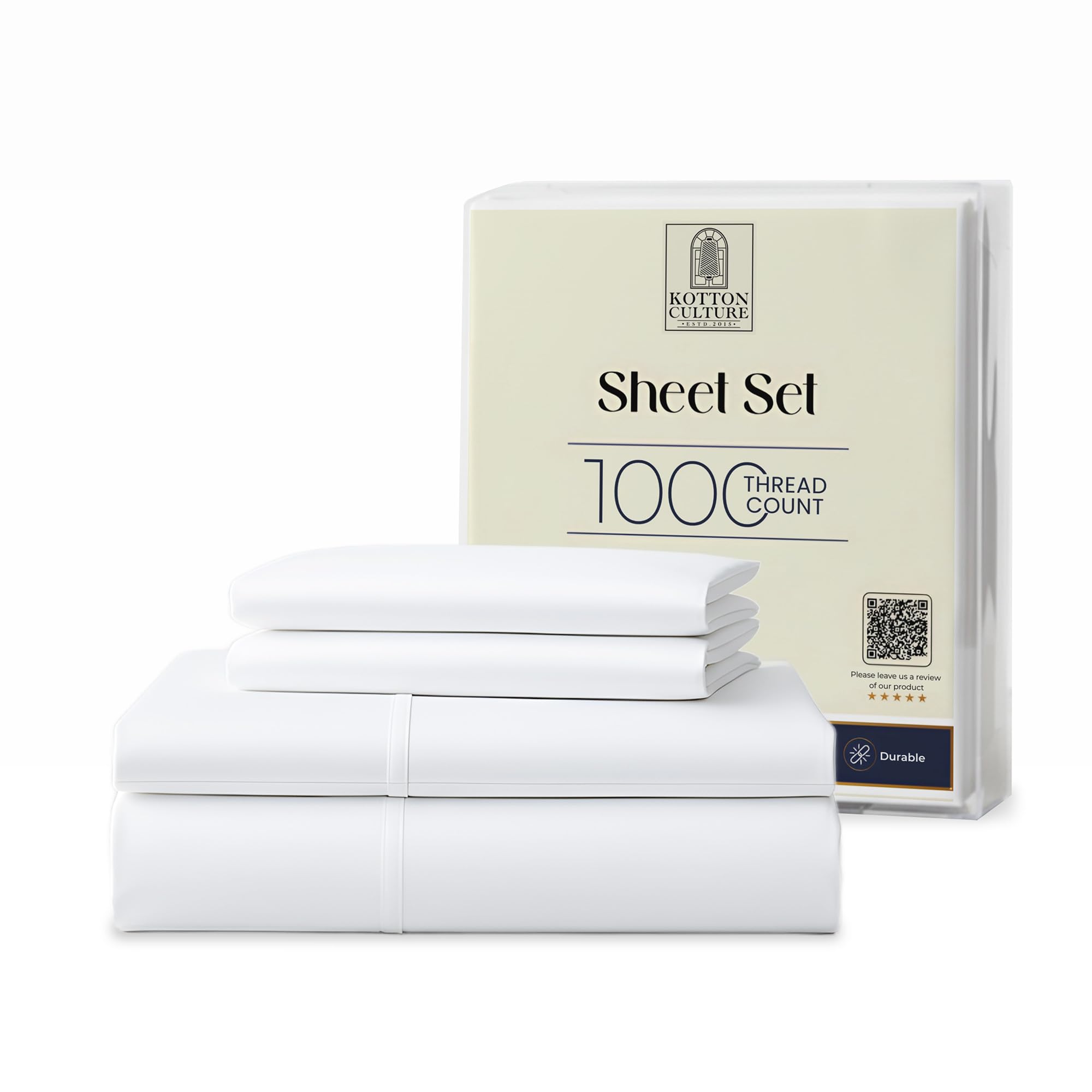 Kotton Culture 4 Pc King Sheet Set - 1000 Thread Count 100% Egyptian Cotton Premium Hotel Luxury Bedding - Sateen Weave Soft Cooling Durable Bedsheet - 16" Deep Pocket Sheets - White