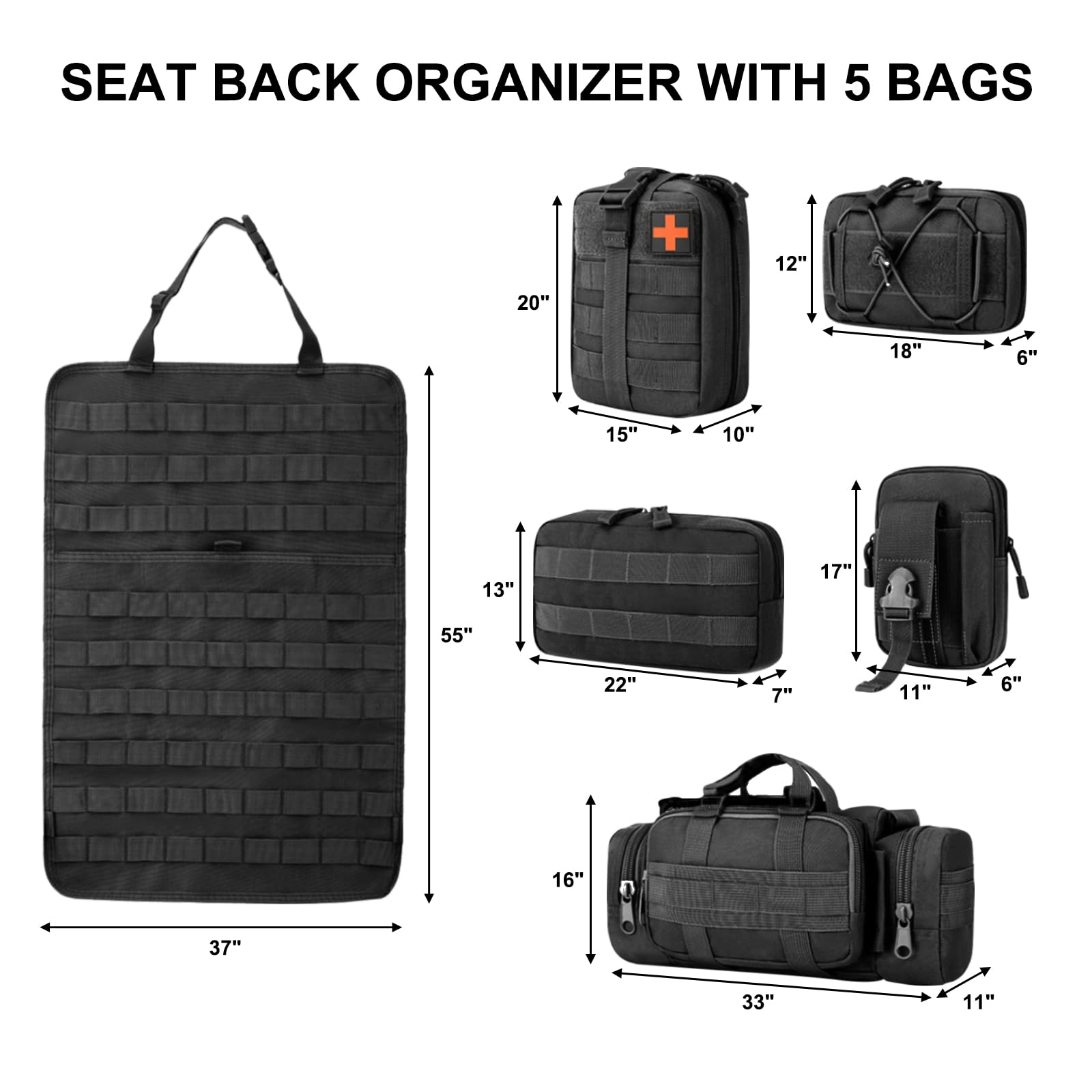 Organizer Tattico per Sedile Auto con 5 Tasche Rimovibili | Nylon 900D, Per Auto e Camion, Cinghie Regolabili, Adattabile a Sedili Anteriori/Posteriori, 45x35x8cm, Nero