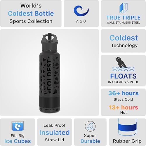 Miniatura 184 de Coldest - Botella de agua deportiva con tapa con popote y asa, a prueba de fugas, de acero inoxidable con aislamiento al vacío de doble pared,