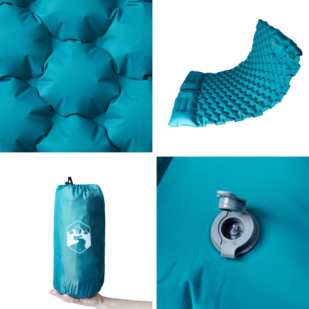 Colchoneta doble con cojín autoinflable azul para senderismo, playa, viaje, tienda de campaña