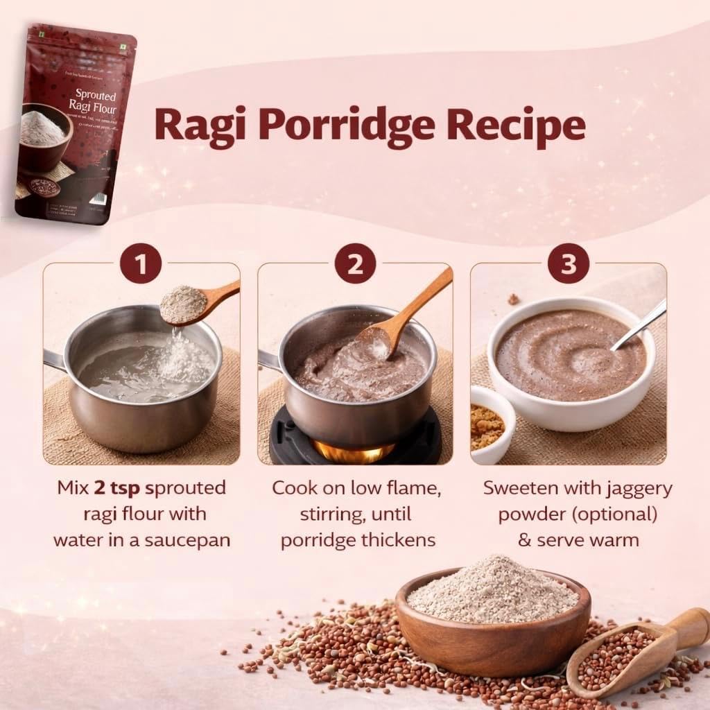 Sprouted Ragi Flour - 500 gm | Ragi Cereal - Zero Sugar, No Preservative, No Added salt | Kezhvaragu | Nachni Satva| Finger Millet Flour | Sprouted Ragi Powder for Adults | 100% Natural