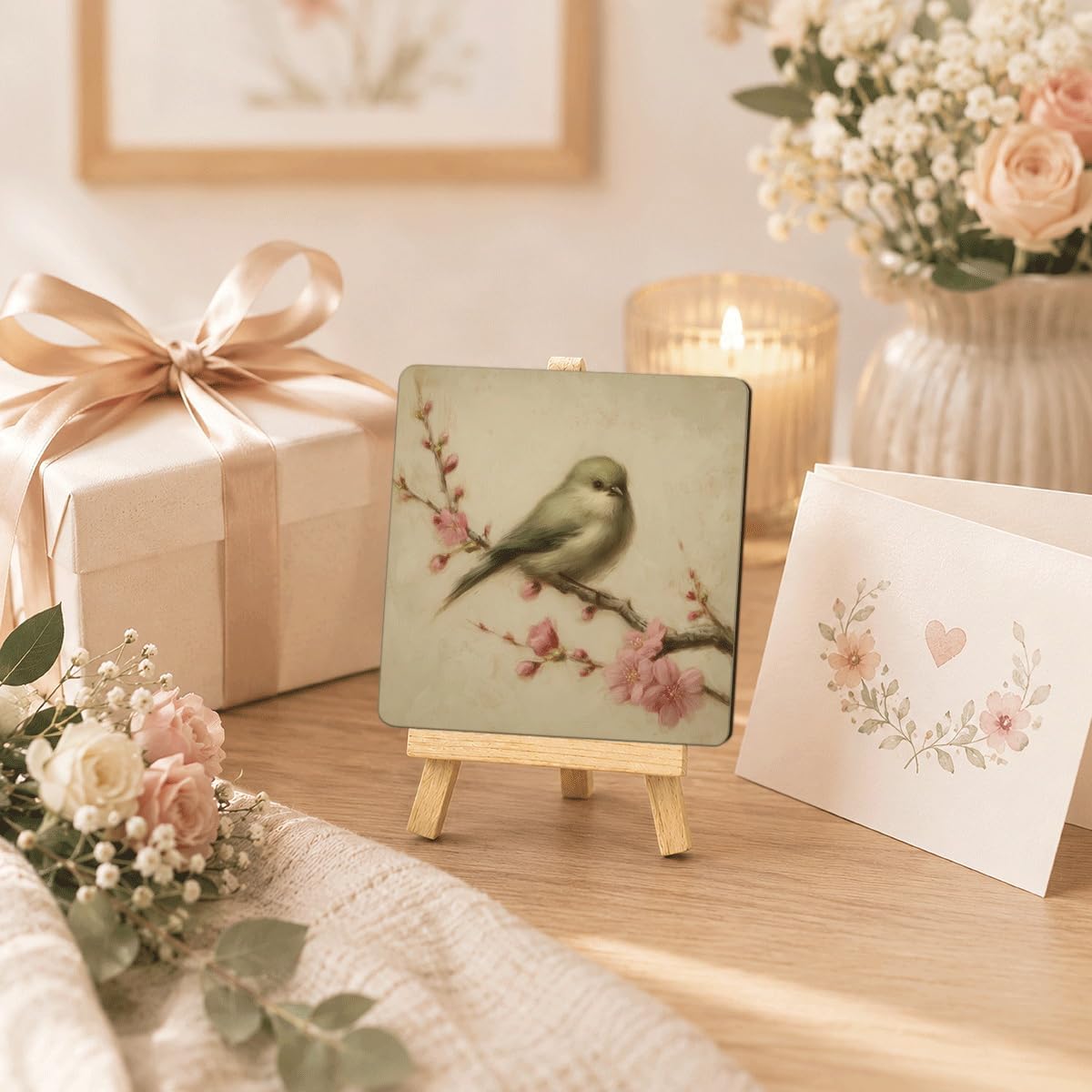 Bird on Cherry Blossom Branch Wooden Tabletop Sign, Vintage Impressionist Oil Painting Art Plaque with Mini Easel, Desk Decor for Bedroom Office, Gift for Bird and Country Lovers image 5