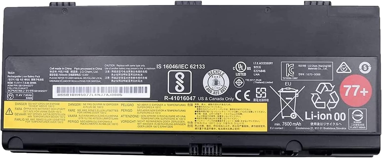 01AV477 77+ SB10H45077 Laptop Battery Compatible with Lenovo ThinkPad P50 P51 P52 Series Notebook 00NY492 SB10H45075 SB10H45076 SB10H45078 00NY493 11.4V 90Wh 7900mah
