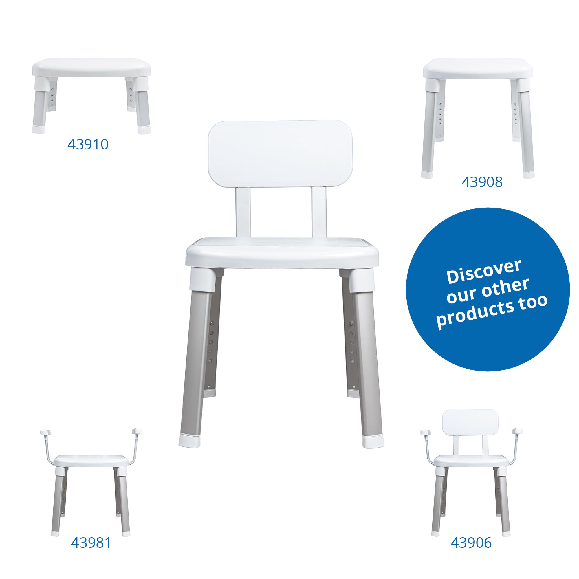 Dusch- und Badestuhl mit Rückenlehne, Senioren, aus der Design-Serie Gratia, rutschfeste Sitzfläche und Füße, höhenverstellbar, bis 150 kg belastbar, Farbe: Weiß, Modell: 43906