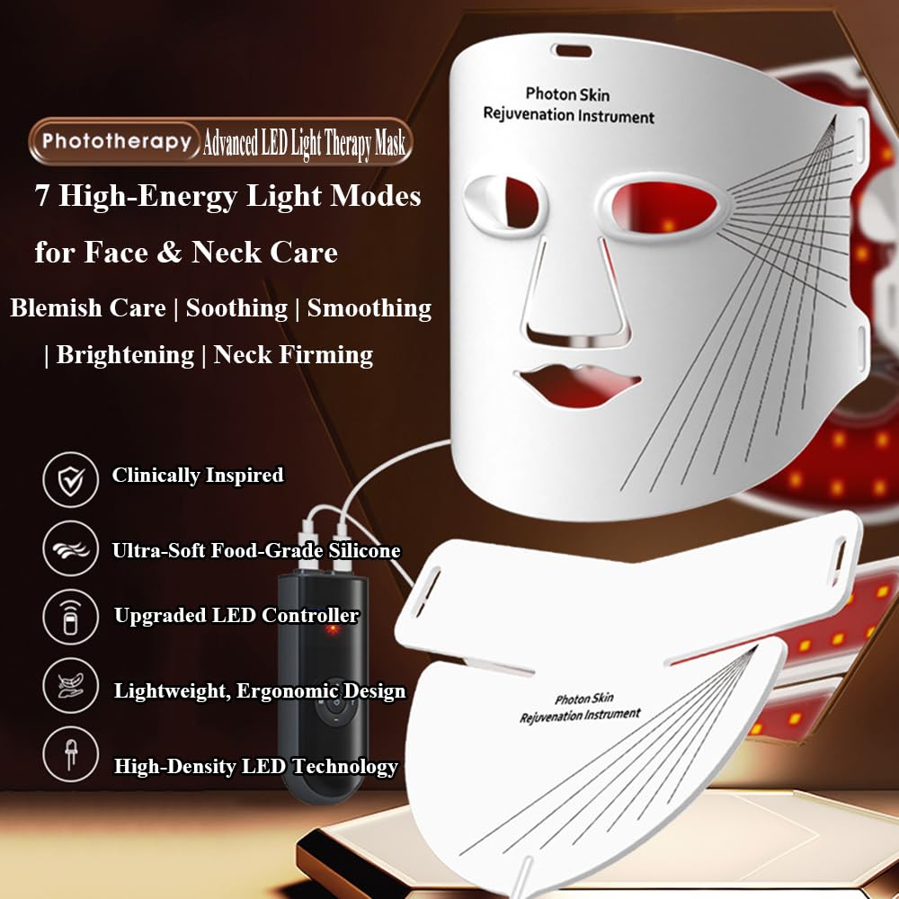 lanvezas led beauty maska do terapii światłem czerwonym na twarz i szyję, 7-kolorowa maska do terapii światłem LED, ładowalna maska, 5 poziomów intensywności, przeciwzmarszczkowa skóra ujędrniająca i