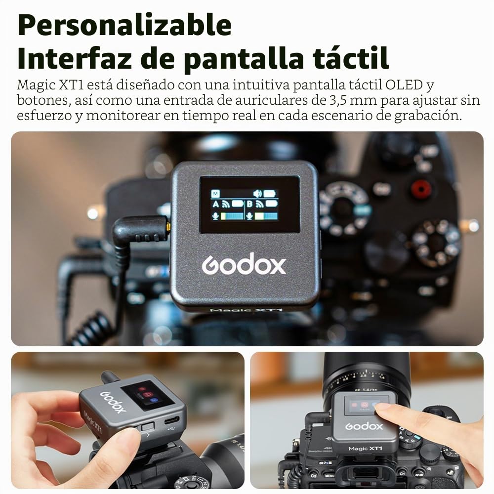 GODOX Magic XT1 Micrófono corbata inalámbrico para cámara (2 TX + 1 estuche de carga RX), mini micrófono con cancelación de ruido, batería de 16H, pantalla táctil 200 m