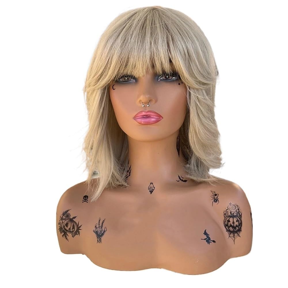 Parrucche Bob Biondo Platino Con Frangetta, Lunghezza Alle Spalle Lisci Parrucca Sintetica For Capelli Medi Dall'aspetto Naturale，Densità 180 Soffice e Naturale(14 inch)