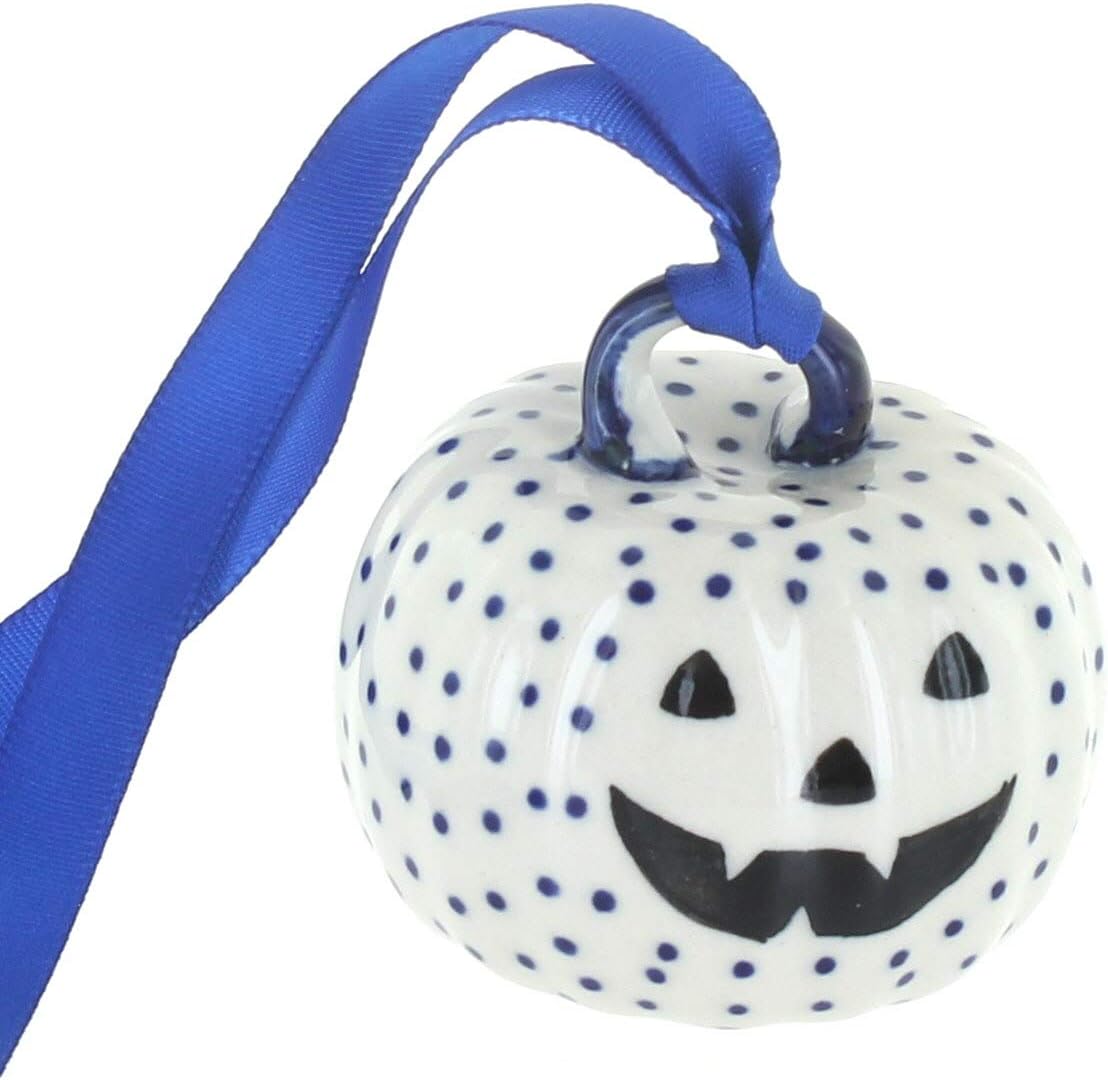 Blue Rose Polish Pottery - Blue Small Dots Pumpkin Ornament - 2.25" Diameter - Hand-Painted Collectible Decoration