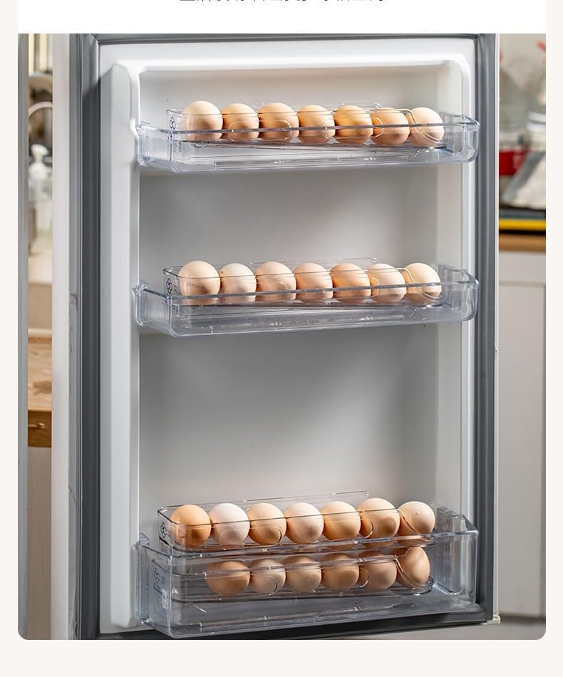 Vista 4 de Soporte para huevos para nevera, contenedor apilable de 1 a 4 niveles, organizador de huevos de refrigerador con ruedas automáticas