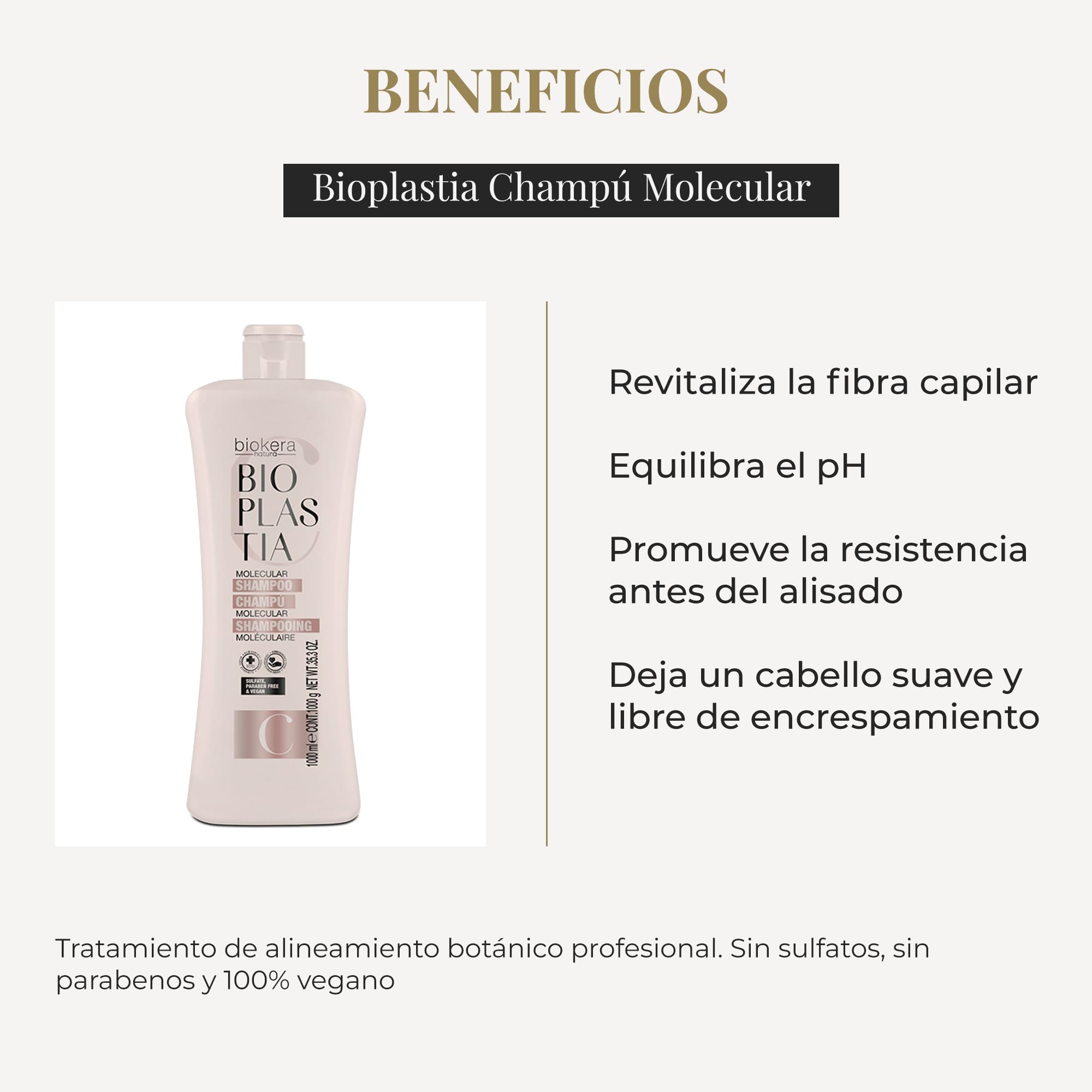 SALERM - Champú Molecular - Biokera Bioplastia - 1000 ml - Champú sin Sulfatos ni Parabenos - Queratina Vegana - Revitaliza Fibra Capilar y Equilibra el Ph Tras Alisado - Cabello sin Encrespamiento