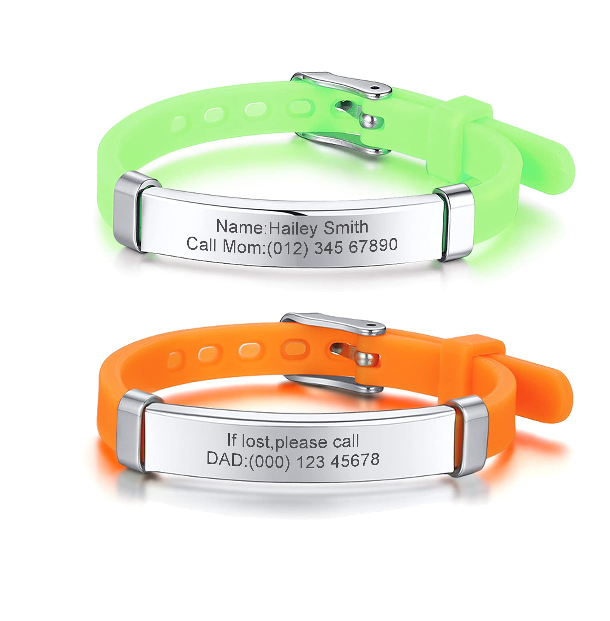 PJ JEWELLERY Pack of 2 Assorted Color Personalised Stainless Steel Soft Silicone Child Safety ID Bracelets Adjustable Anti-Lost ID Wristbands for Kid Girls Boys