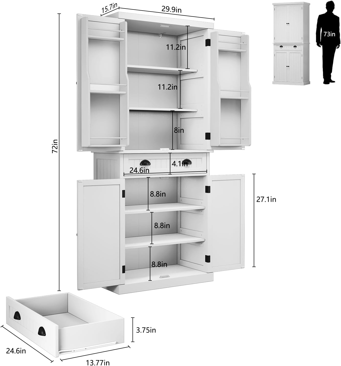 ARTPOWER 72" Pantry Storage Cabinet with Drawer, Freestanding Tall Cupboard Storage Cabinet, Utility Pantry with Door Shelves and 2 Adjustable Shelves for Kitchen, Dining Room,Living Room, White