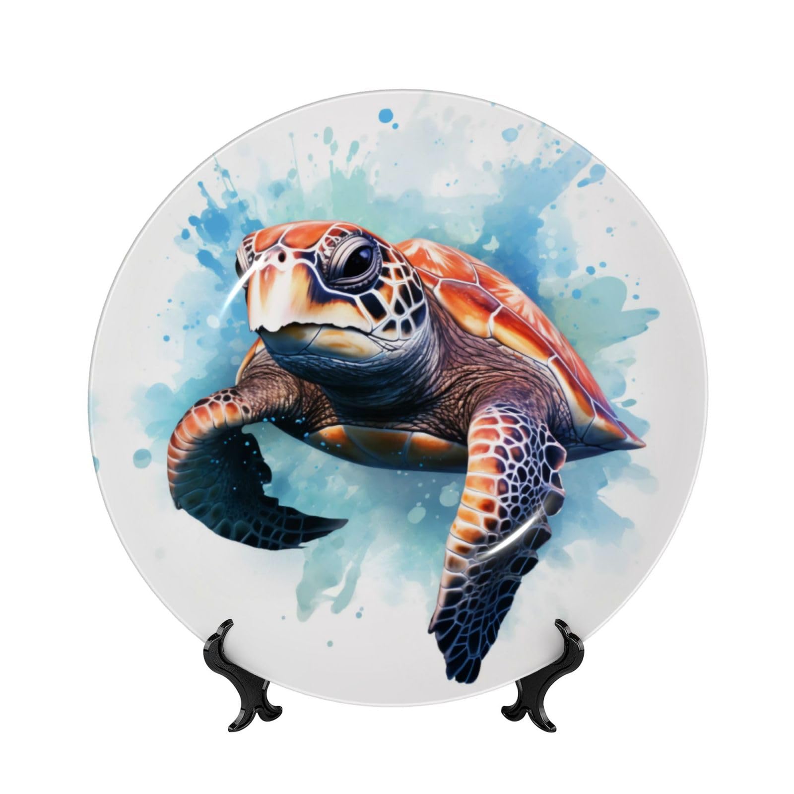 SXZVVBN Sea Turtle Underwater Bone China Decorative Plate Art with Stand Removable Adhesive Hanging for Home Office 7in