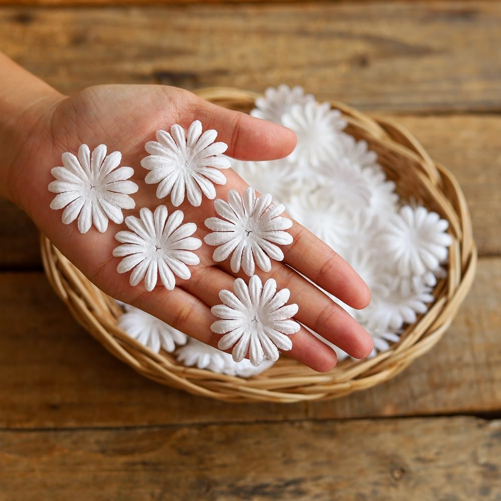 Artificial Flowers 100 Pcs Handmade Mulberry Paper Daisy Petals 40x40mm Mulberry Paper Daisy Flowers Scrapbooking Wedding DIY Craft Supplies Card (White Color)