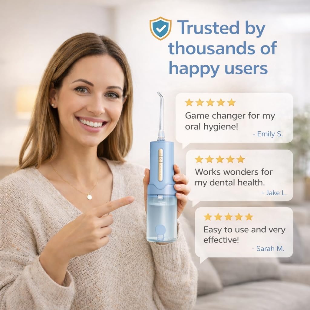 Wagner Stern Irrigador dental portátil, irrigador dental inalámbrico con 5 modos de presión, 4 boquillas de chorro, recargable por USB-C, IPX7 impermeable, modelo DF3400
