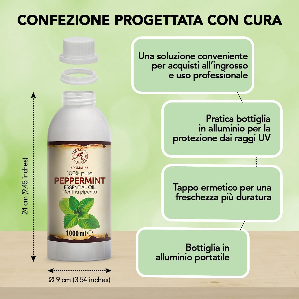 Olio essenziale di Menta Piperita 1000 ml - per Diffusori e Aromaterapia | Pour diffuseurs et lampes aroma; savons et bougies; parfums d’intérieur; arôme frais de menthe; parfum d’ambiance