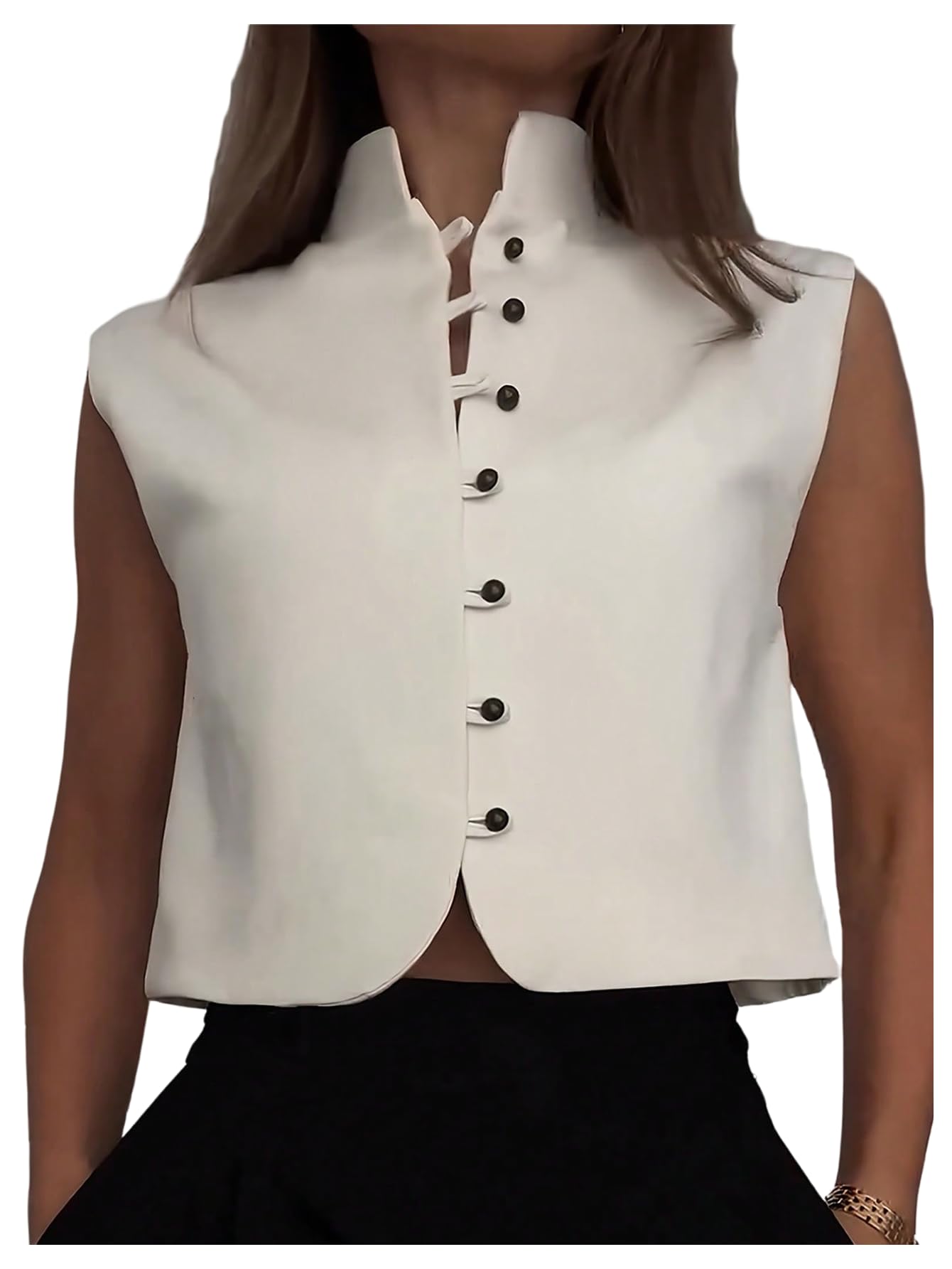 GORGLITTER Womens Button Up Vest Tank Top Mock Neck Sleeveless Button Down Fashion Business Crop Jacket