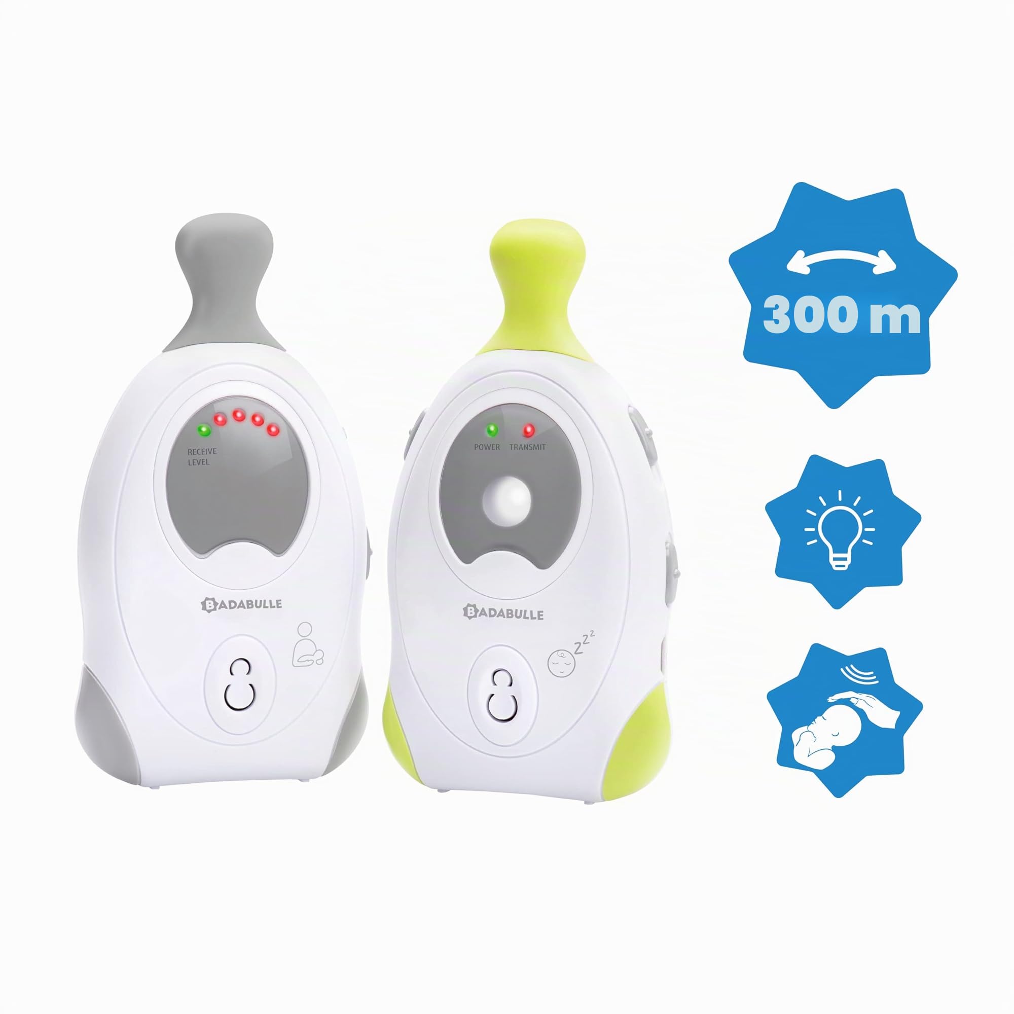 Badabulle Baby Online 300m Babyphone Audio avec Veilleuse Lumière Douce - Alarmes sonores & visuelles - Basse Emission d'Ondes - Indicateur Batterie Faible - Sur Piles ou Secteur