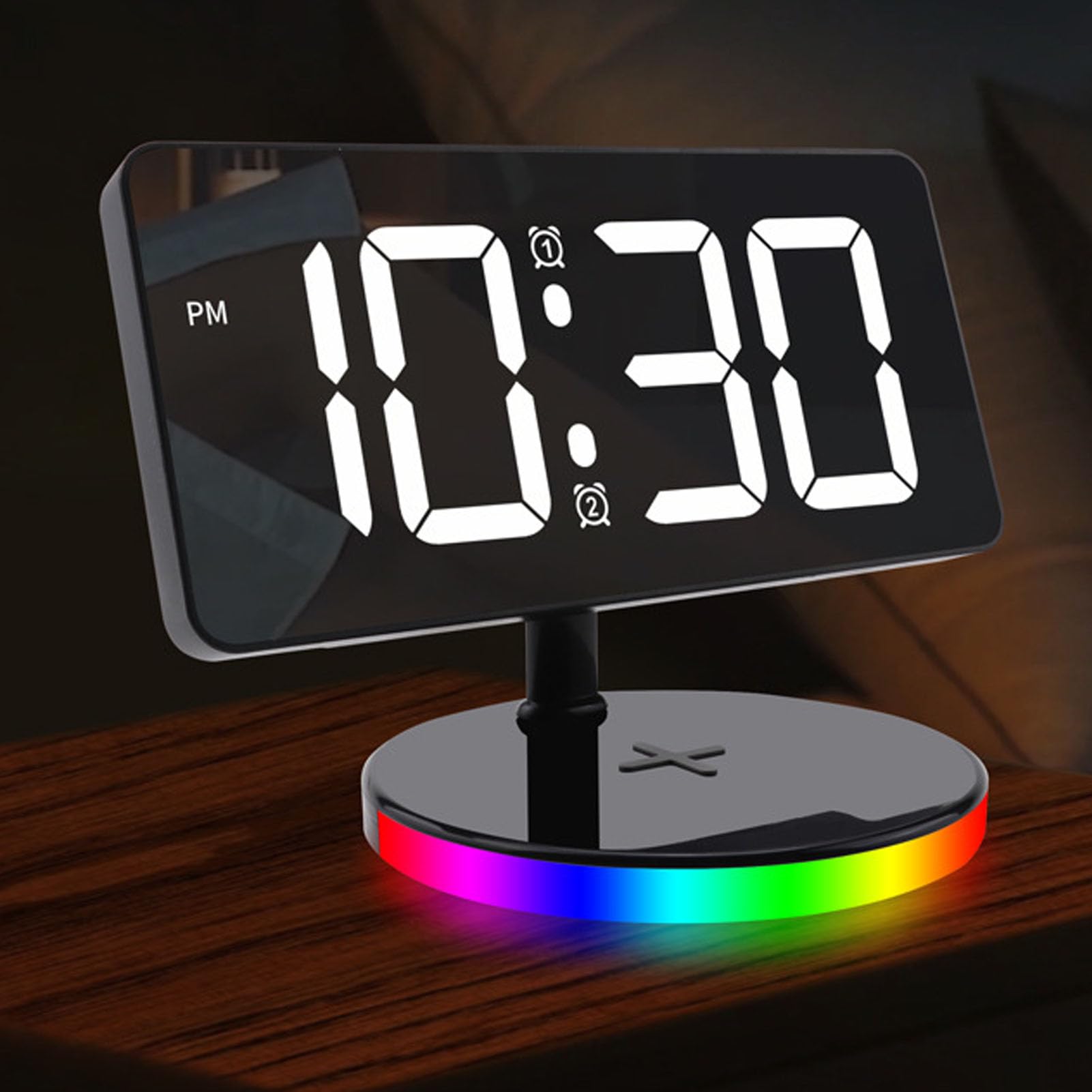 Tangxi Reloj Despertador Digital LED con Espejo, Cargador Inalámbrico y Luz Nocturna RGB, Repetición de 5 a 60 Minutos, Brillo de 6 Niveles para Dormitorio (Black)
