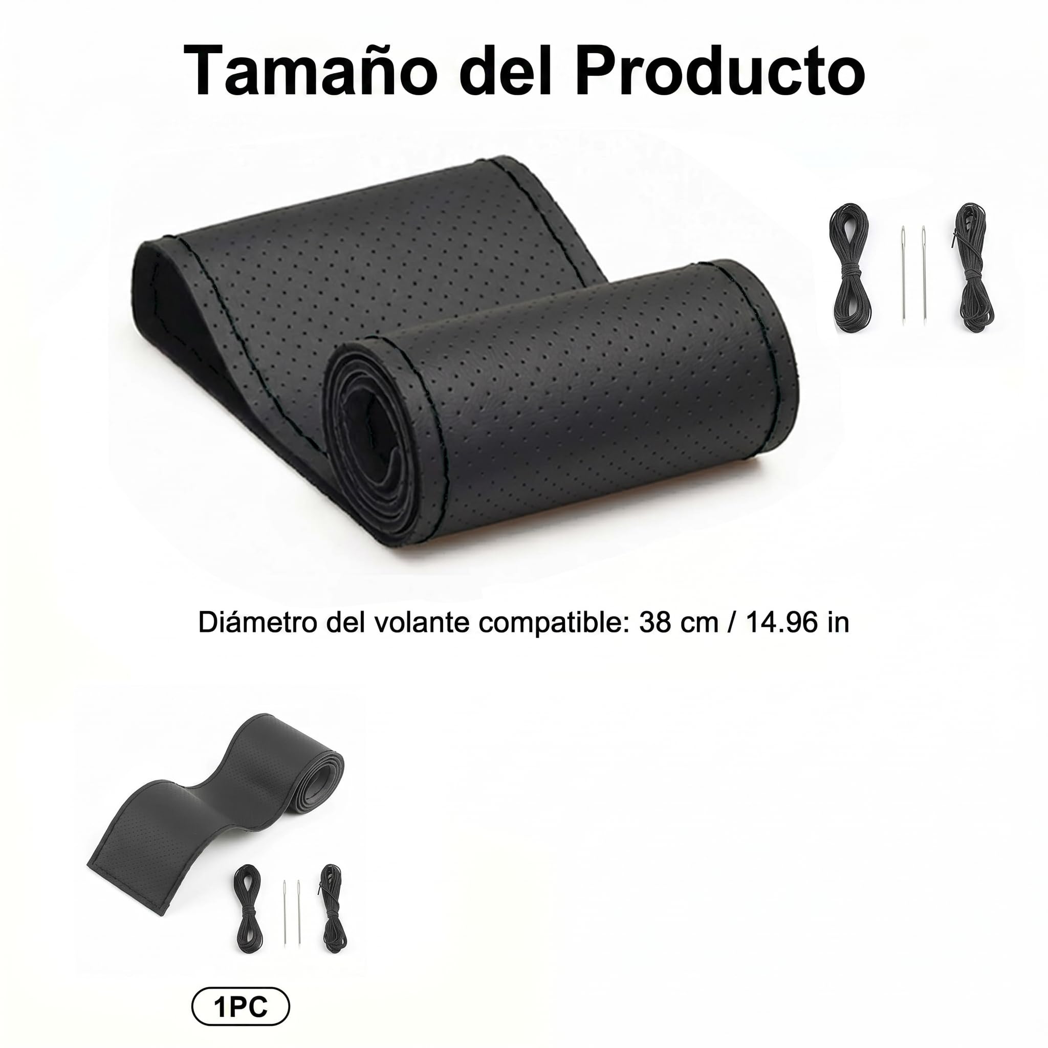 Funda Volante Coche Universal 38cm Cuero Antideslizante Negra | Transpirable, Con Agujas e Hilo para Coser, Accesorios Interior, Protector Volante