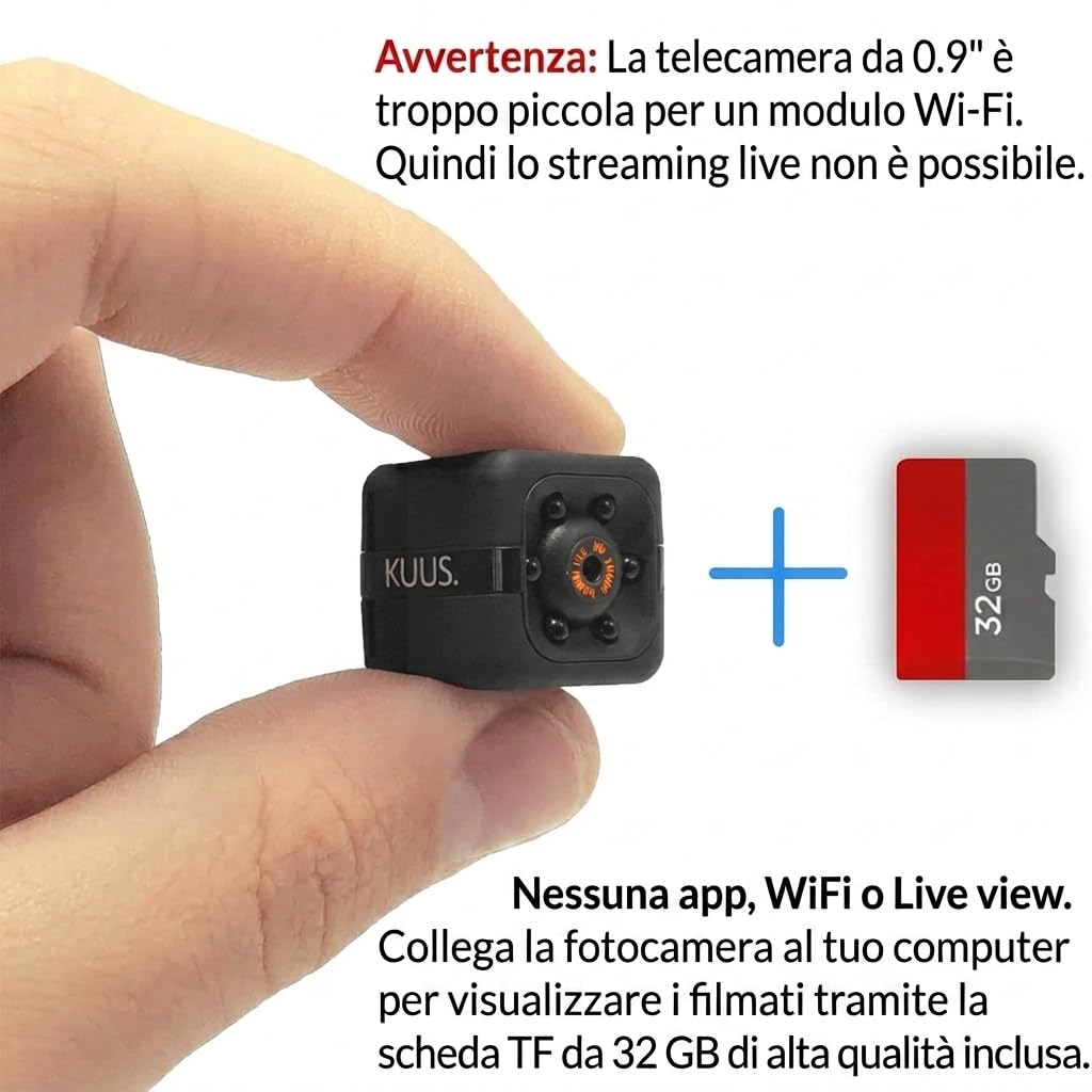 KUUS. C1 Mini Telecamera Spia Nascosta Più Piccola Europa 2,3cm Senza WiFi Full HD 1080P, Visione Notturna, Rilevamento Movimento, SD 32 GB Class 10 U3 Inclusa