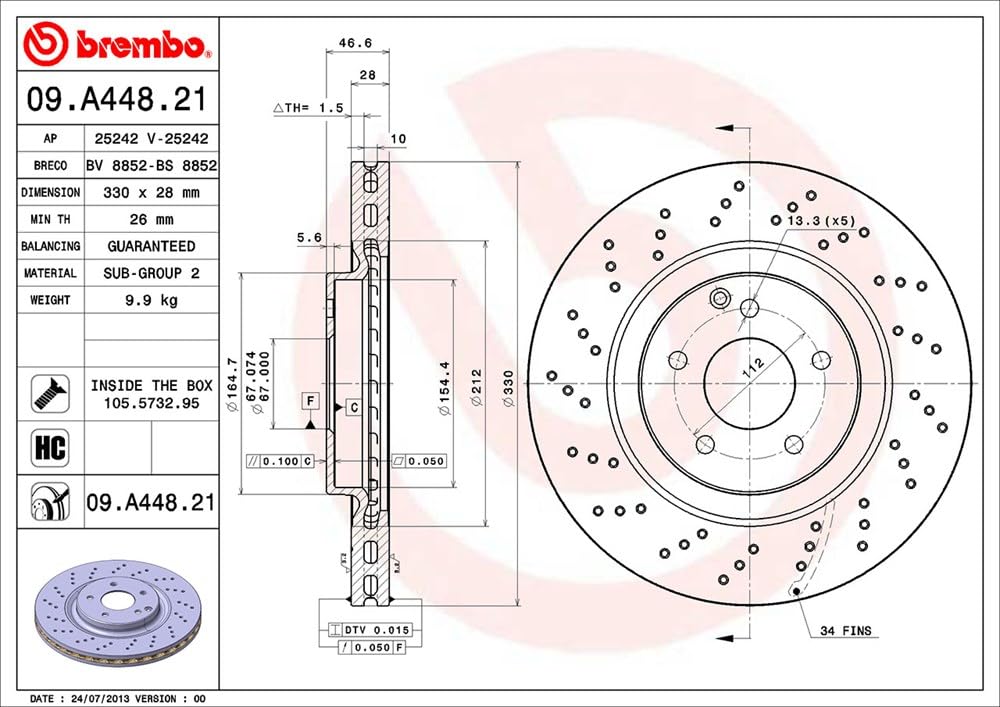 Brembo 09A44821 Discos de Freno con Recubrimiento UV, Set de 2
