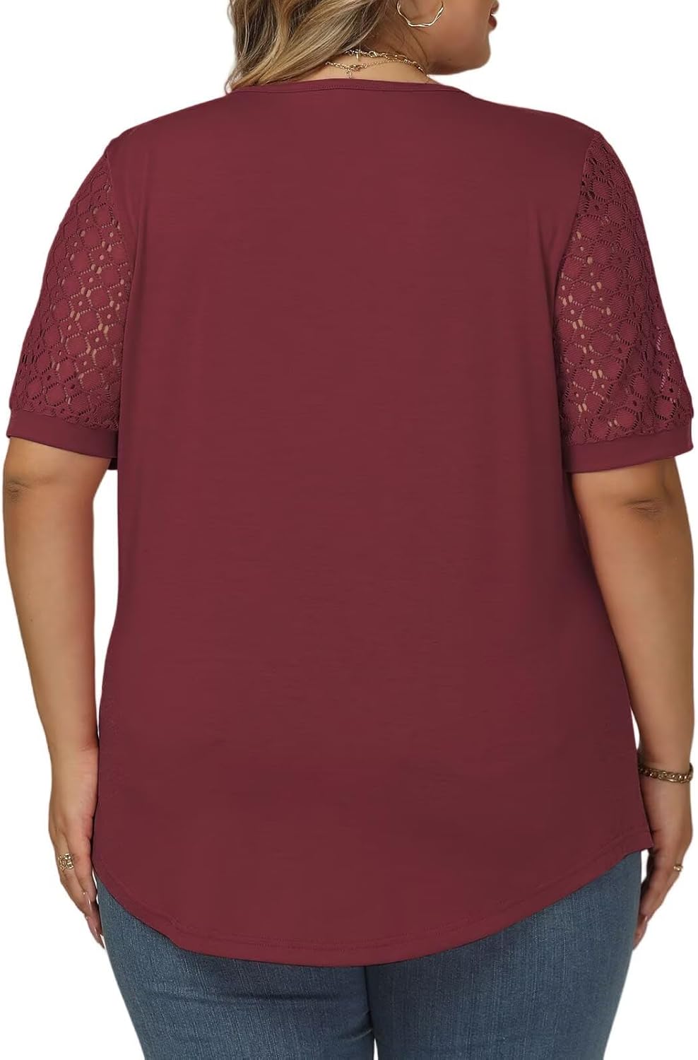 VISLILY Womens-Plus-Size-Summer-Tops Dressy Lace Short Sleeve T Shirts Casual Keyhole Crewneck Blouses Trendy Pleated Tunics - Image 3