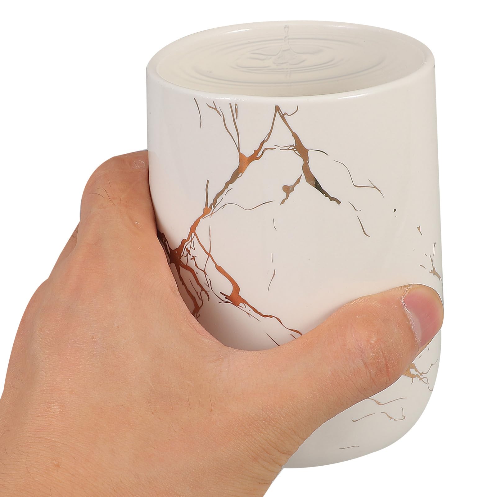 Ciieeo Bicchiere Portasapone in Ceramica Bianco Motivo Marmo, Resistente alla Deformazione, Superficie Liscia, Accessorio Moderno per Bagno e Cucina