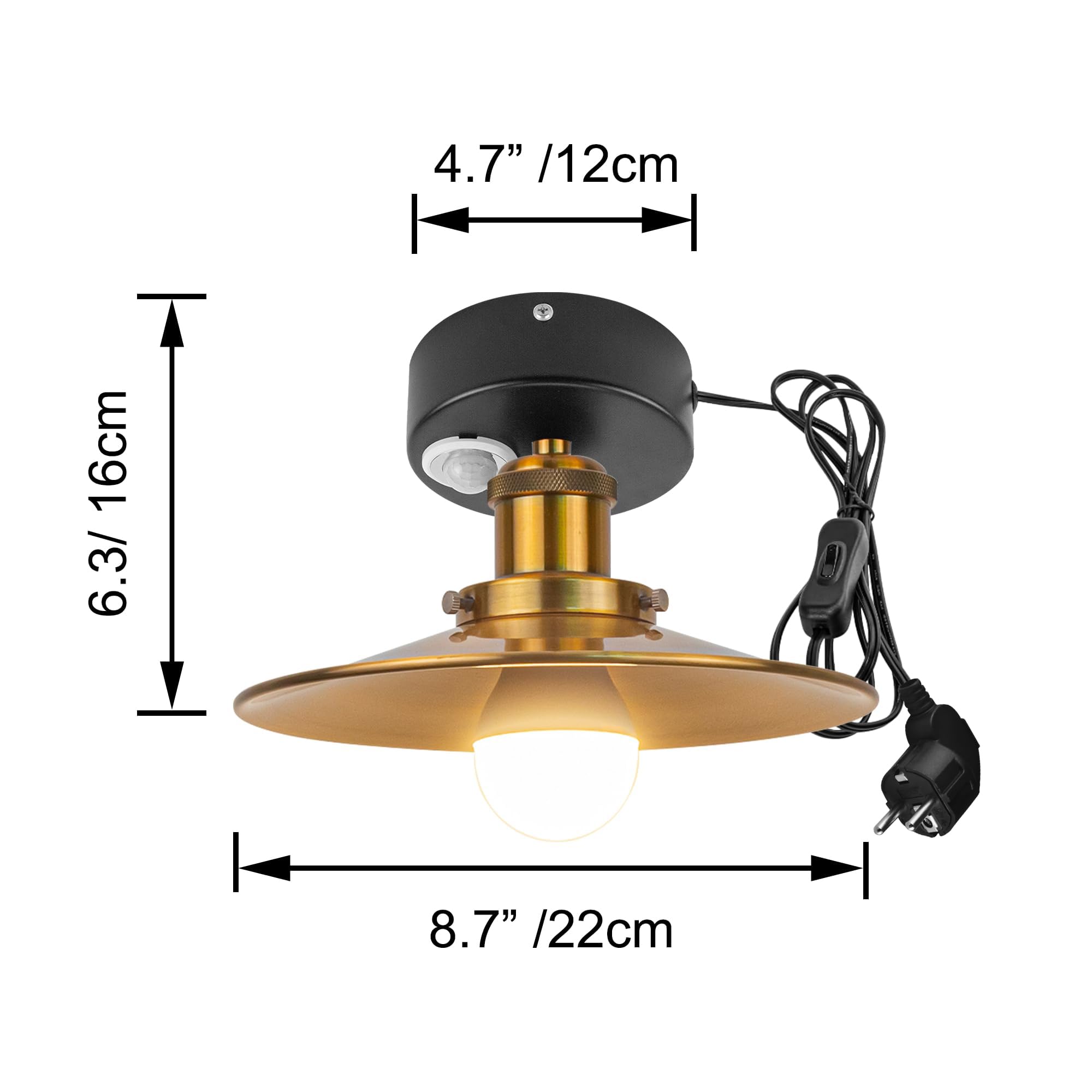 Plafoniera con sensore di movimento interno, lampada da soffitto in ferro industriale, sensore di movimento radar con cavo da 4,5 m e portalampada E27, per corridoio, bagno, scale, garage