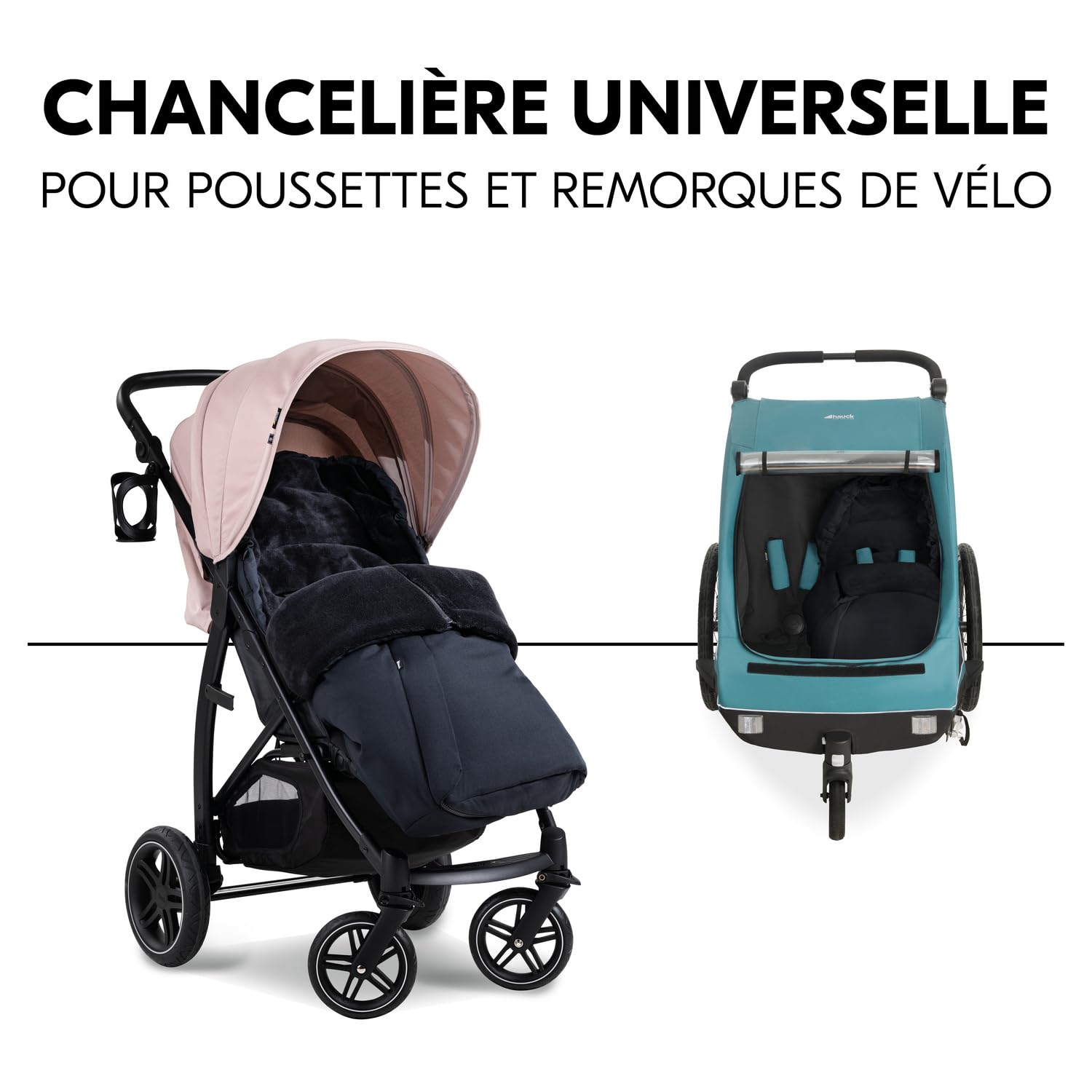 hauck Chanceliere Universelle pour Poussette et Remorque Velo, Nid d'Ange Bebe en Polaire Chaude, Fentes pour Harnais 5 Points, Lavable en Machine, Noir