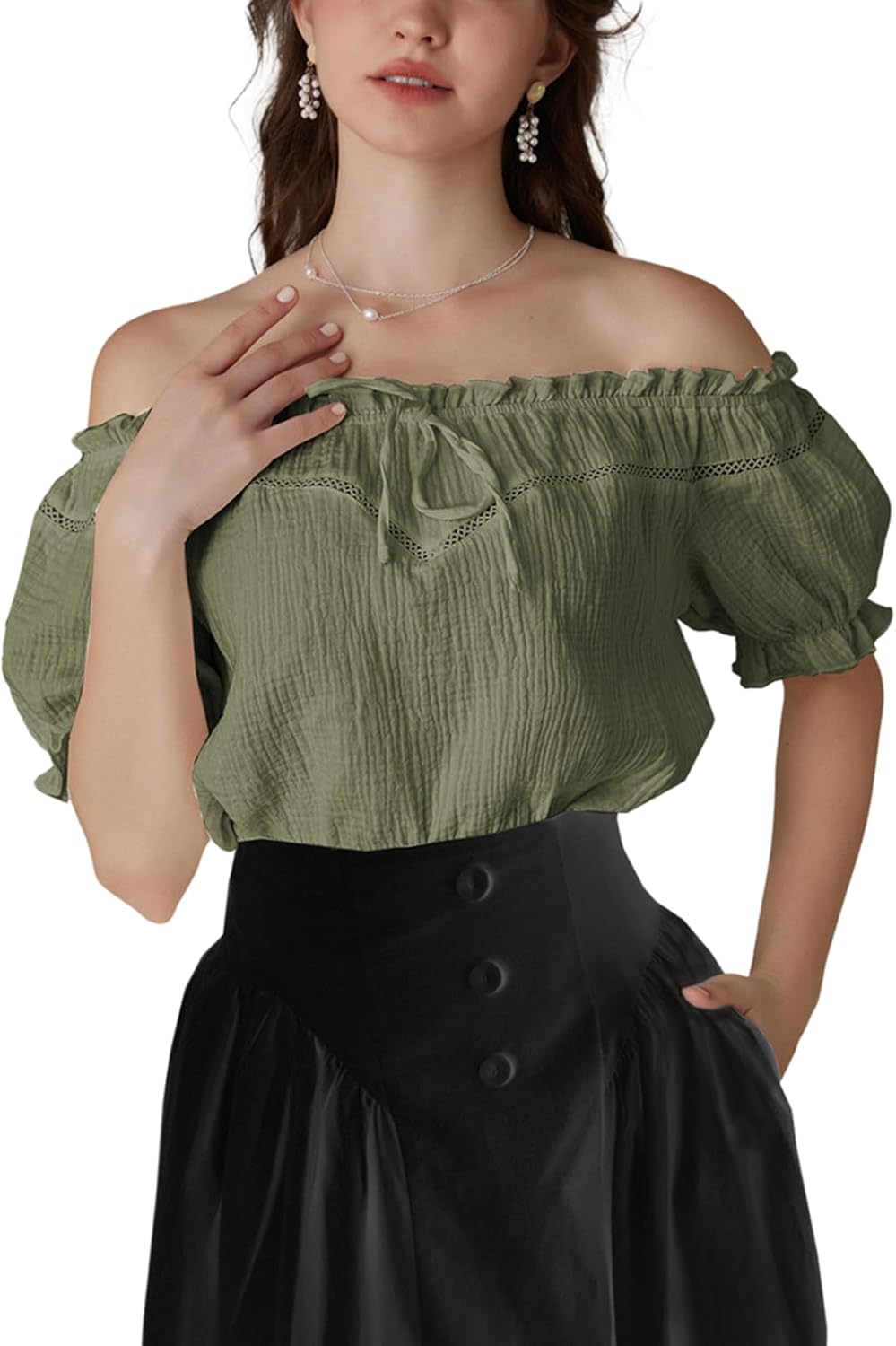 SCARLET DARKNESS Peasant Blouse for Women Off Shoulder Puff Sleeve Cotton Loose Summer Tops