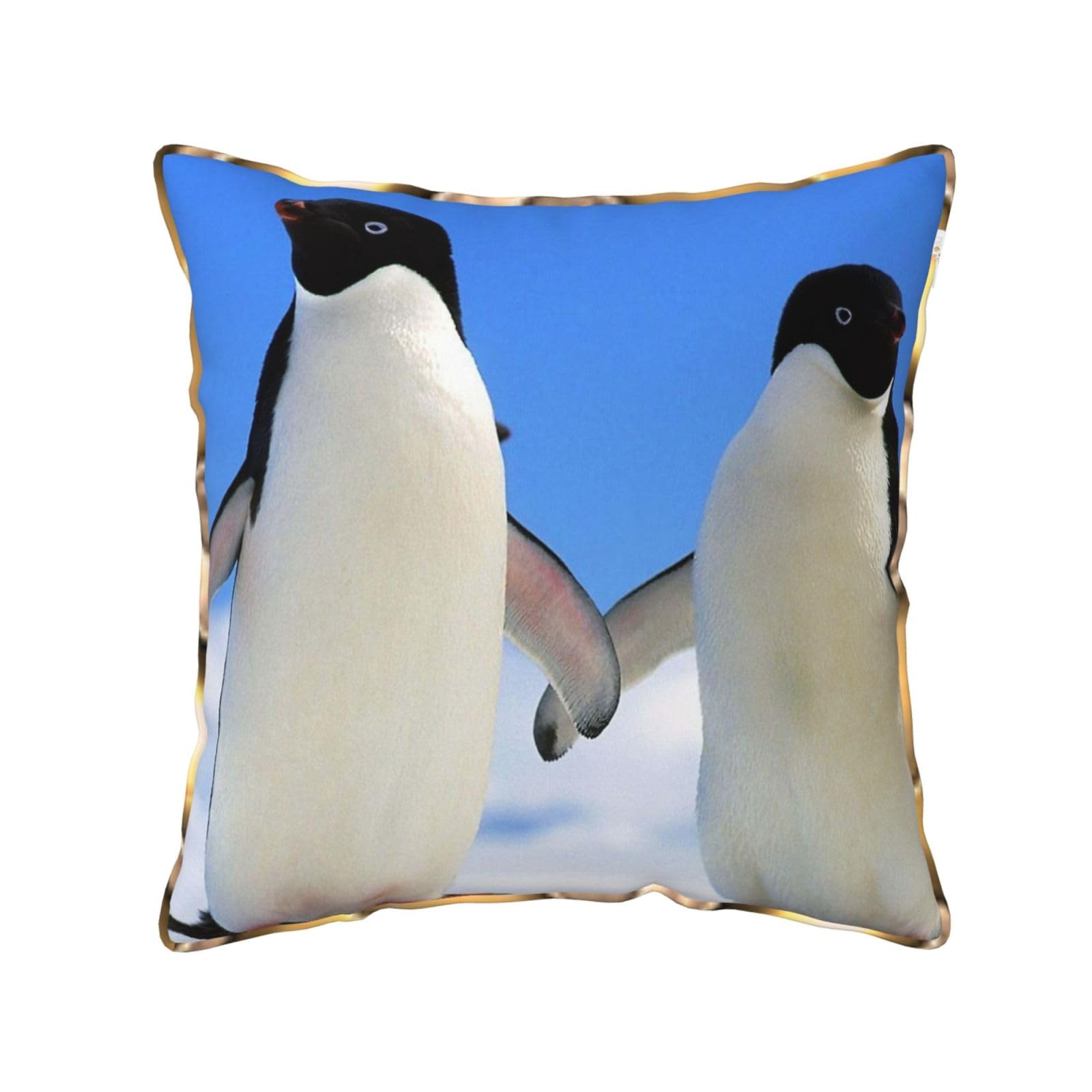 AUBKFELD Penguin Printed Velvet Cushion Cover 45x45 CM with Gold Edging Strip, Square Pillowcase Soft Throw Pillow Covers Case Decorative for Living Room Sofa Couch Bed Bench